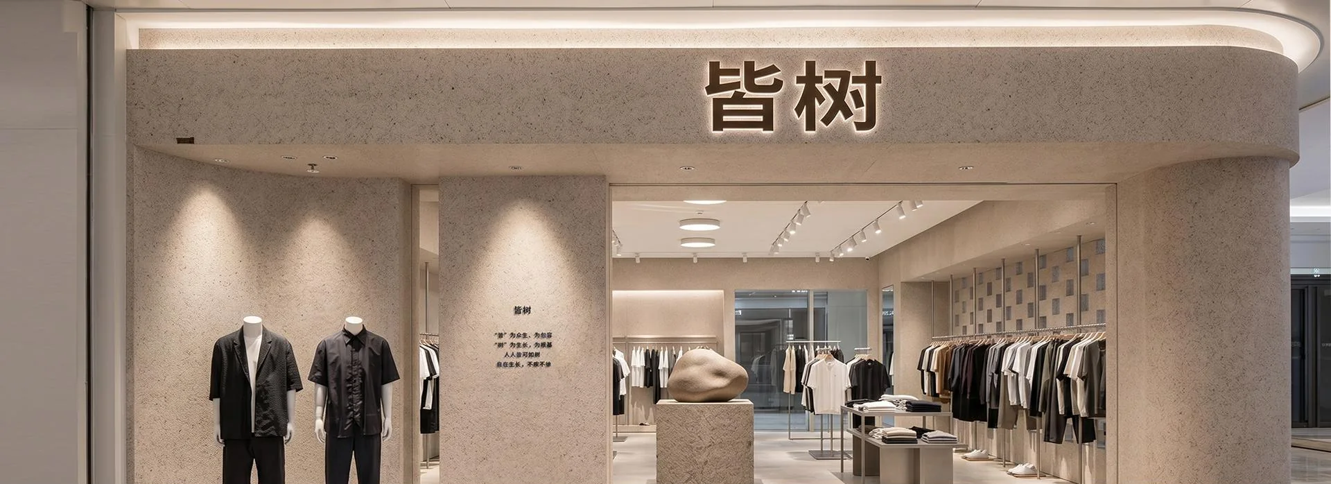 皆树真实门店正面，保留皆树招牌及服装陈列