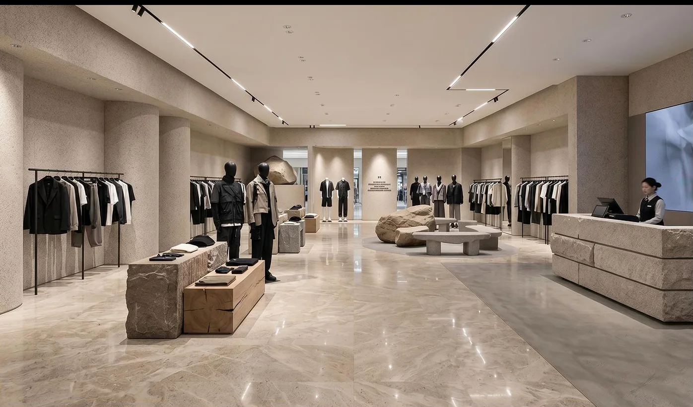 品牌资料提供的皆树店内全景，服装陈列与试衣空间